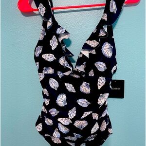 Ellen Tracy Women’s Swimsuit One Piece  Sz 8 Navy White Ruffle Ruched Slimming